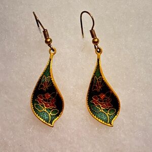 Emerald floral enamel gold leaf earrings
